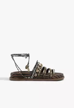 Sandália Papete Couro Tachas Amarração Animal Print - comprar online