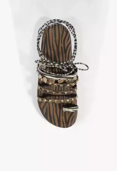 Sandália Papete Couro Tachas Amarração Animal Print - loja online