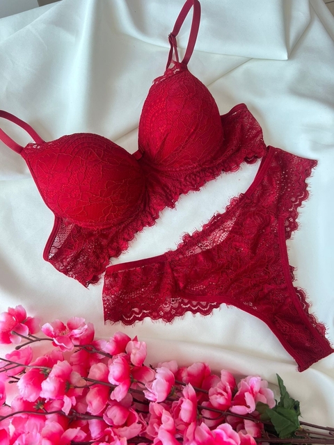 Conjunto Lingerie Sutiã Com bojo e Calcinha fio duplo Rendado Vermelho e Nude - comprar online