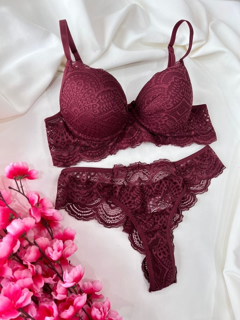 Conjunto Lingerie Sutiã Com bojo e Calcinha fio duplo Rendado Lavanda e Vinho / Marsala - comprar online