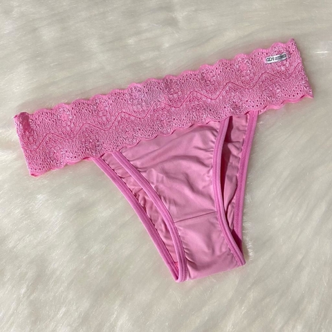 Calcinha em lycra tradicional cós em renda Rosa