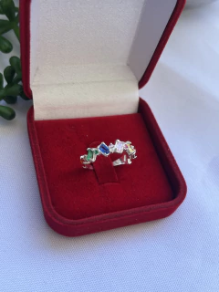 Anel Zircônias Baguetes Coloridas e Pontos de Luz - loja online