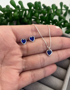 Conjunto Brincos + Colar Coração Zircônia Azul 6mm 40cm - comprar online
