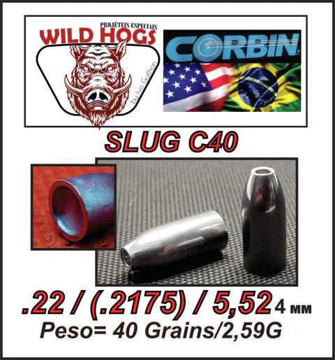 Chumbo Slug Côncavo C40 .22/5,524mm (.2175) 40 Grains/ 2,59g 250 Unid