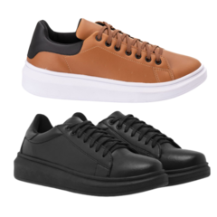 kit 2 tenis sneaker casual idealle - caramelo e preto - comprar online