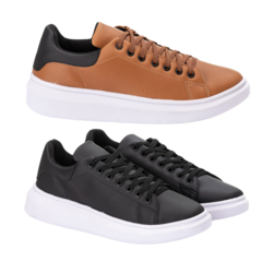 kit 2 tenis sneaker casual idealle - caramelo e preto sola branca - comprar online
