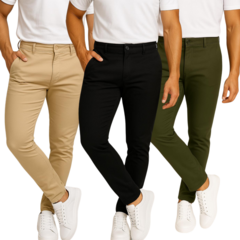 kit 3 calça alfaiataria slimfit exclusiva preta, bege e verde - comprar online