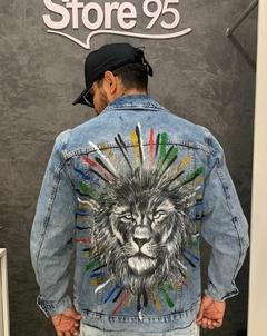 jaqueta jeans destroyed personalizada -leão