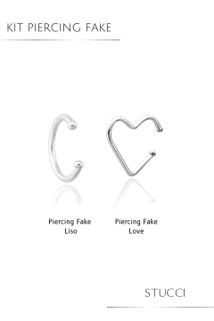 Kit com dois piercings fake em prata 925, sendo um modelo liso e outro em formato de coração, ideal para orelha, da marca Stucci.