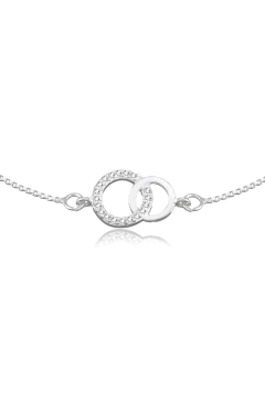 Pulseira de prata 925 com dois círculos entrelaçados, sendo um cravejado com pequenas zircônias brilhantes.