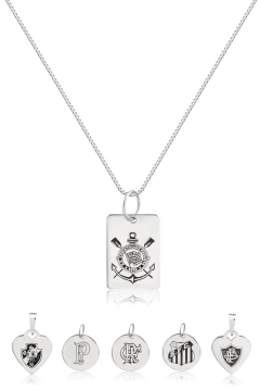 Colar de prata personalizado com pingente de time, incluindo opções de escudos de diversos times brasileiros.