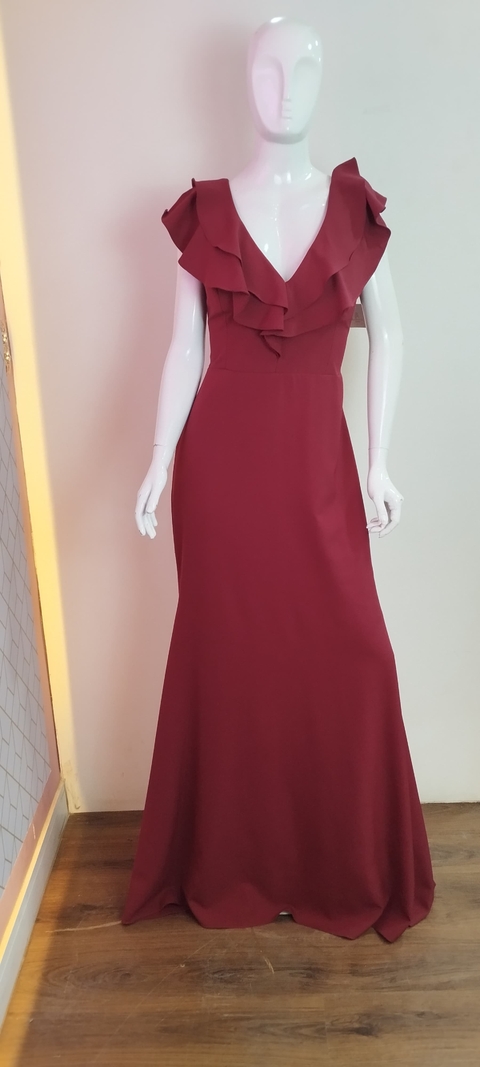 Vestido Marsala com decote em V e babado TM
