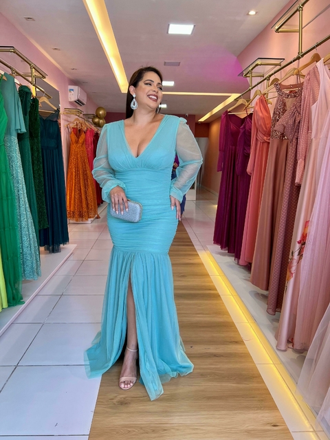 Vestido verde menta semi-sereia com manga Sencond hand