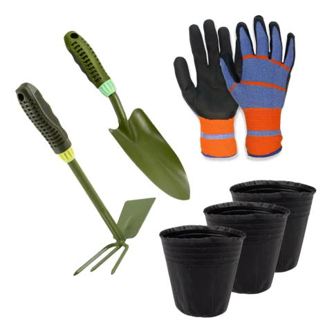 Kit De Jardinería Azadilla Rastrillo Tenedor Guantes Macetas