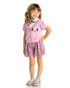 Conjunto de short saia em jacquard margaridas com cardigan e brochê cachorrinho.