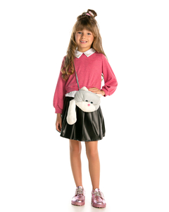 Conjunto de saia em eco couro e blusa com gola bordada