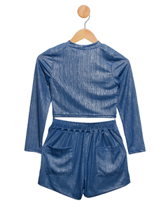 Conjunto de saia short e blusa em malha mettalic com corrente nas mangas na internet