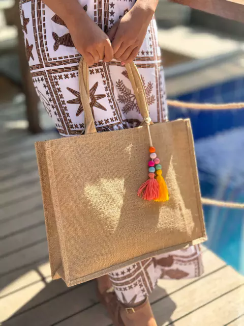 BOLSA DE PRAIA ESTOPA COLECAO EU AMO BOLSAS BEGE