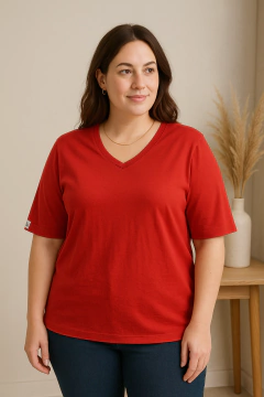 Camiseta Feminina Decote V Vermelho | T-shirt de Algodão Plus size