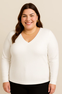 Camiseta Canelada Manga Longa Decote V Branco | T-shirt Feminina Plus size