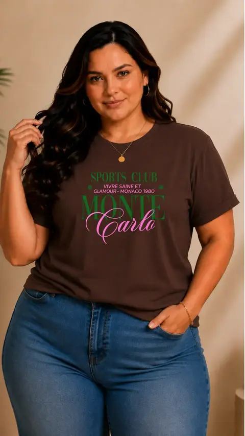 Mulher plus size usando camiseta marrom de algodão com estampa verde e rosa "Monte Carlo" e calça jeans azul