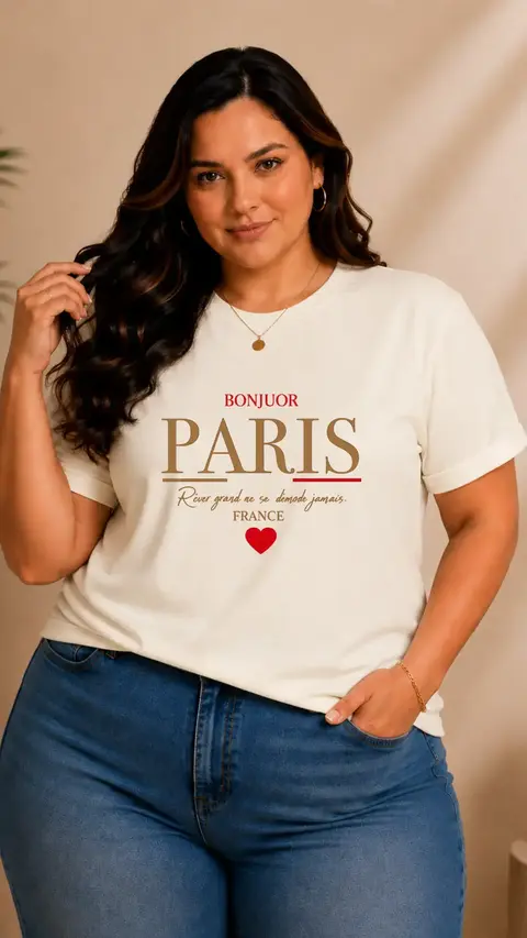 Mulher plus size usando camiseta off white de algodão com estampa Paris em destaque