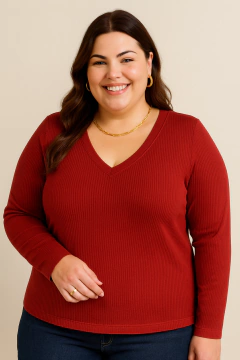 Camiseta Canelada Manga Longa Decote V Terracota | T-shirt Feminina Plus size