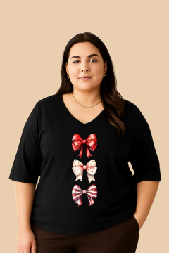 Camiseta Laços Natal Feminina Decote V | T-shirt de Algodão Plus size - comprar online