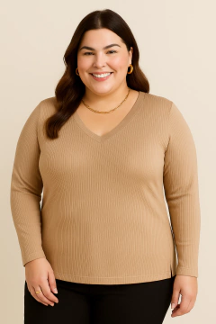 Camiseta Canelada Manga Longa Decote V Nescau | T-shirt Feminina Plus size