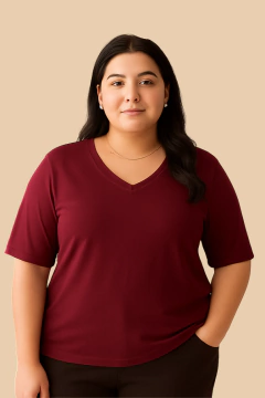 Camiseta Feminina Decote V Bordo | T-shirt de Algodão Plus size - comprar online