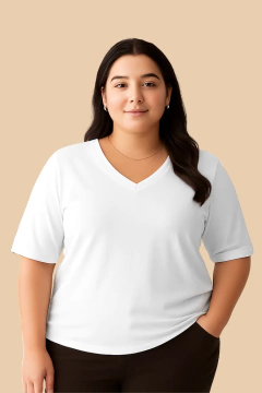 Camiseta Feminina Decote V Branco | T-shirt de Algodão Plus size - comprar online