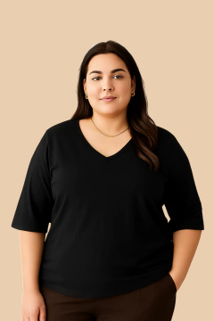 Camiseta Feminina Decote V Preto | T-shirt de Algodão Plus size - comprar online