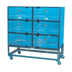 ARMÁRIO DESSECADOR DE ACRÍLICO TRANSPARENTE 1219 X 610 X 1270 MM COM 6 CÂMARAS E 30 PRATELEIRAS PERFURADAS