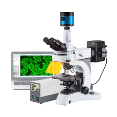 MICROSCÓPIO BIOLÓGICO TRINOCULAR 1500X 5 OBJETIVAS PLANACROMÁTICAS INFINITAS EPI-FLUORESCÊNCIA 4 FILTROS KOHLER