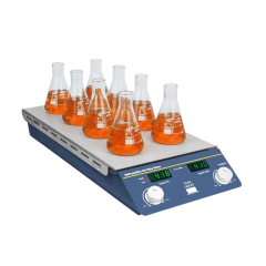 AGITADOR MAGNÉTICO DIGITAL MULTIPOSIÇÕES COM AQUECIMENTO ATÉ 120°C E CAPACIDADE PARA AGITAR ATÉ 8 X 400ML (H2O) RECIPIENTES SIMULTANEAMENTE, VELOCIDADE REGULÁVEL DE 200 A 1200 RPM - MODELO BIOSP-200-2T