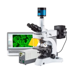 MICROSCÓPIO BIOLÓGICO TRINOCULAR 1000X 5 OBJETIVAS PLANACROMÁTICAS INFINITAS EPI-FLUORESCÊNCIA 4 FILTROS KOHLER