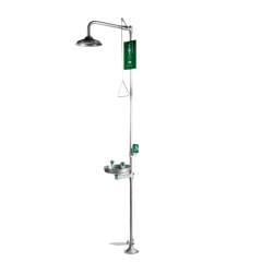 CHUVEIRO LAVA-OLHOS DE PISO, ACIONAMENTO MANUAL VIA HASTE PEDAL, TUBULAÇÃO E BACIA AÇO INOX MODELO: CL-001i-F