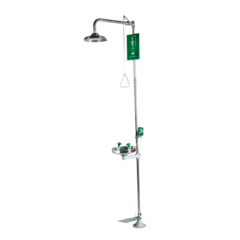 CHUVEIRO LAVA-OLHOS PISO ACIONAMENTO MANUAL TUBULAÇÃO EM AÇO INOX ¾" CRIVO E BACIA EM AÇO INOX MODELO: CL-052-F