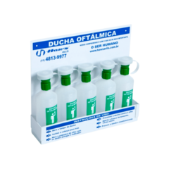 CONJUNTO (5+500ML) DUCHAS OFTÁLMICAS FRASCO 500ML COM SUPORTE DE 5 LUGARES PARA FIXAR EM PAREDE MODELO: D001-005