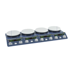 BATERIA DE AGITADORES MAGNÉTICOS COM AQUECIMENTO ATÉ 340ºC, COM 4 LUGARES, CAPACIDADE PARA AGITAR/AQUECER E REGULAR ATÉ 20 LITROS, PLATAFORMA ESMALTADA MEDINDO 137 MM DE DIÂMETRO - MODELO TP-4
