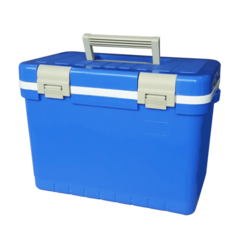 CAIXA TÉRMICA PARA TRANSPORTE DE AMOSTRAS BIOLÓGICAS, CAPACIDADE 12 LTS, TEMPERATURA ENTRE 2°C - 8°C, COM TERMÔMETRO DIGITAL, TAMPA COM TRAVA, ACOMPANHA 6 RECIPIENTES PARA CONGELAMENTO DE LÍQUIDO - MODELO: LCX-12L-IC