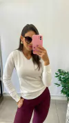 BLUSA MODAL MANGA LONGA GOLINHA EM V BRANCA