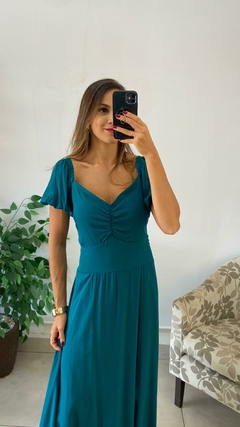 VESTIDO LONGO MANGA VERDE PETROLIO LISO - comprar online