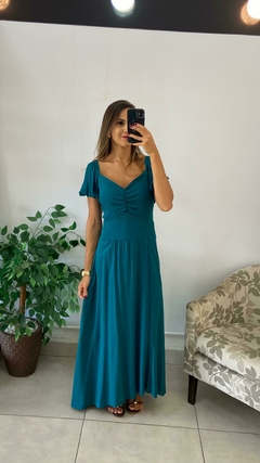 VESTIDO LONGO MANGA VERDE PETROLIO LISO na internet