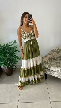 VESTIDO BOHO LONGO ALÇA FUNDO VERDE (COD 310) (M) - comprar online