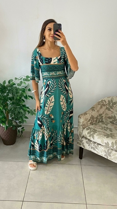 VESTIDO LONGO - MANGA - INSP FARM - FUNDO VERDE ARARA PRETA - comprar online