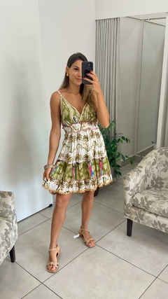 VESTIDO BOHO CURTO ALÇA BRANCO COM VERDE E FUSCIA (COD 330) (G) - comprar online