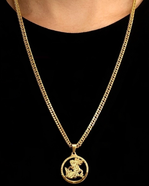Corrente masculina modelo Imperador Grumet + pingente São jorge - 2 mm x 70 cm - 10 banhos a ouro 18k - Garantia de 1 ano -mcod130