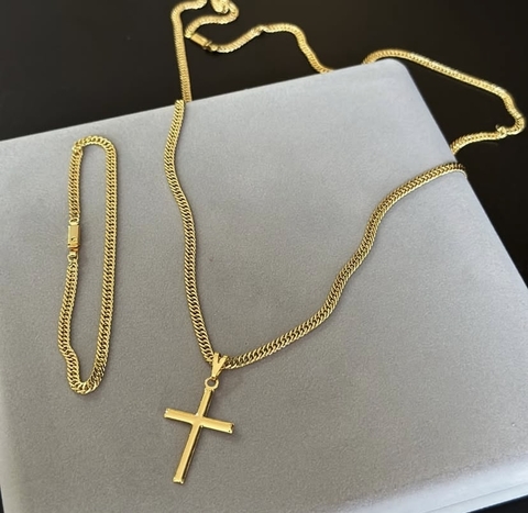 Kit Grumet crucifixo completo corrente pingente e pulseira 4 milímetros - banhado A ouro 18k -⭐️⭐️⭐️⭐️⭐️