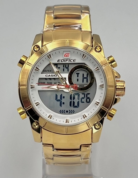 1 linha A+ Modelo Edifice Duplo maquinario em aço inoxidavel banhado a ouro 18k - Multi funcional- dourado/branco.